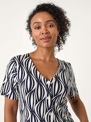 Roman Blue Petite Geo Print V-Neck Stretch Blouse - Image 4 of 5