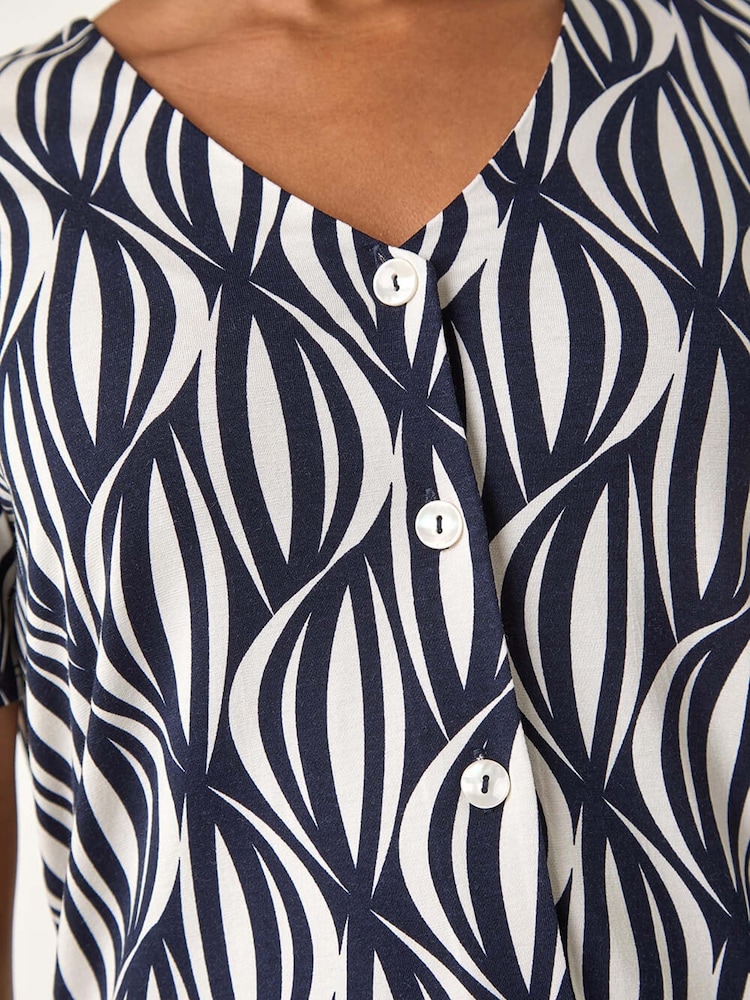 Roman Blue Petite Geo Print V-Neck Stretch Blouse - Image 5 of 5