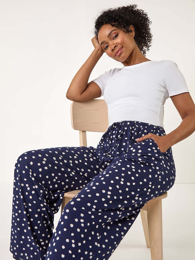 Roman Blue Petite Spot Print Wide Leg Stretch Trousers - Image 1 of 5