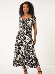 Roman Black Petite Floral Ruched Front Dress - Image 1 of 5