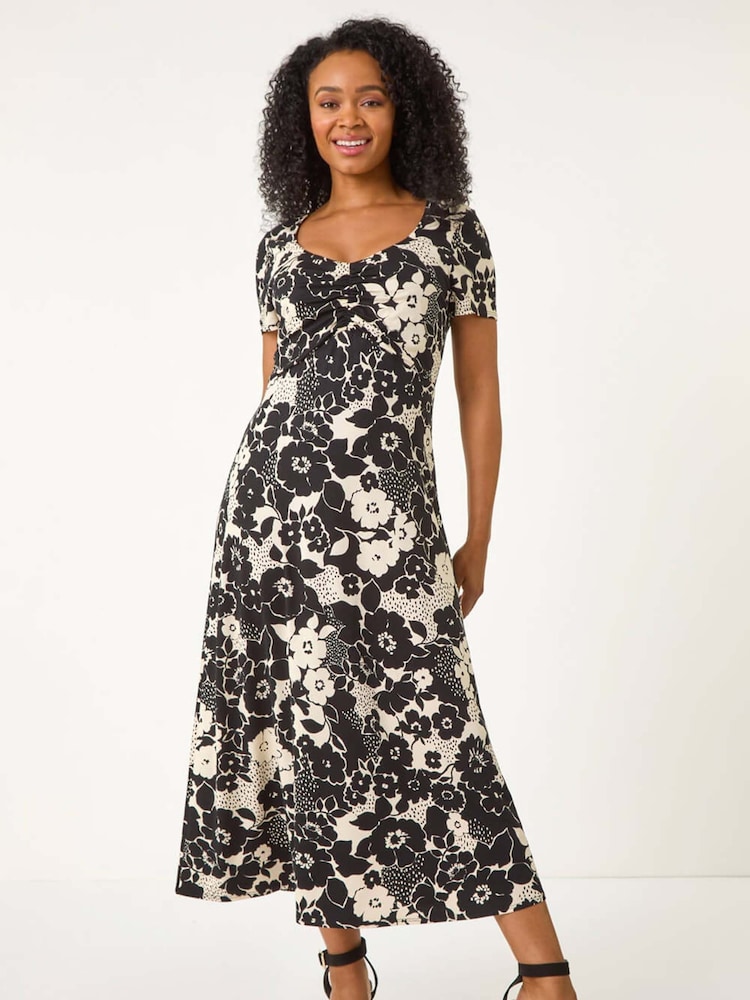 Roman Black Petite Floral Ruched Front Dress - Image 1 of 5