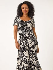 Roman Black Petite Floral Ruched Front Dress - Image 2 of 5
