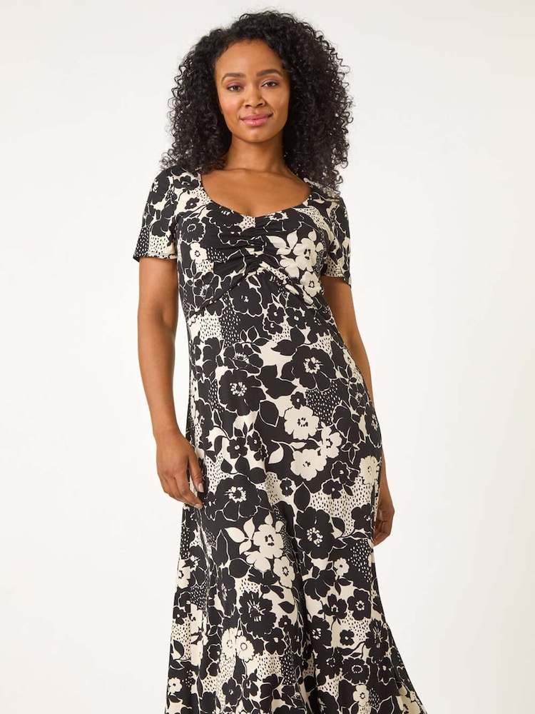Roman Black Petite Floral Ruched Front Dress - Image 2 of 5