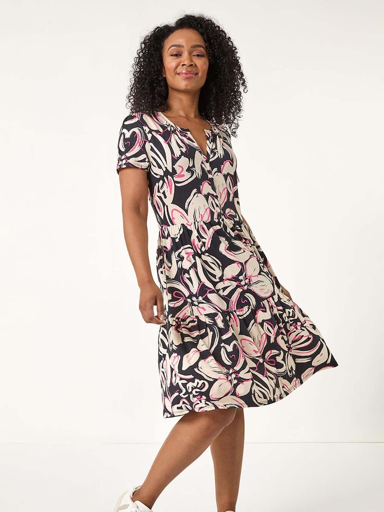 Roman Black Petite Floral Tiered Button Dress - Image 2 of 5