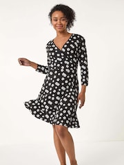 Roman Black Petite Floral Wrap Dress - Image 2 of 5