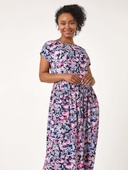 Roman Blue Petite Floral Print Gathered Midi Dress - Image 1 of 5