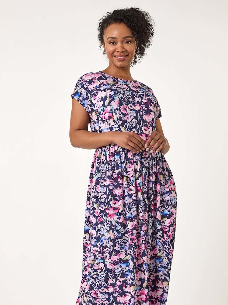 Roman Blue Petite Floral Print Gathered Midi Dress - Image 1 of 5