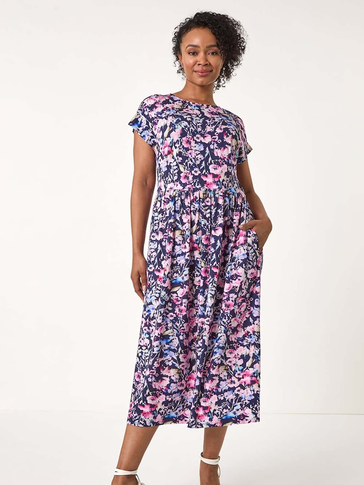 Roman Blue Petite Floral Print Gathered Midi Dress - Image 2 of 5