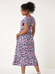 Roman Blue Petite Floral Print Gathered Midi Dress - Image 3 of 5
