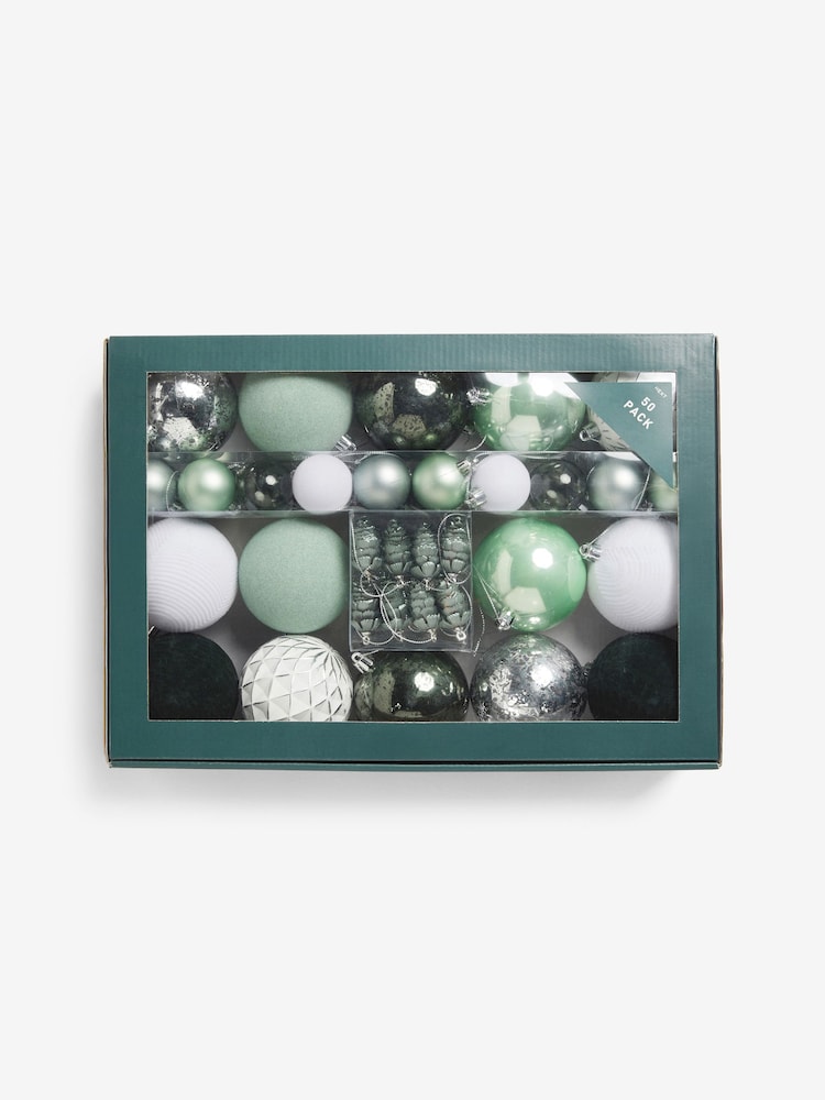 50 Pack White Green Shatterproof Christmas Baubles - Image 1 of 1