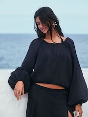 Blue 100% Linen Long Sleeve Boho Top - Image 1 of 7