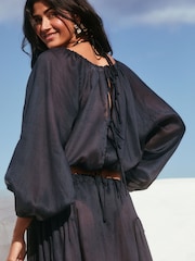 Blue 100% Linen Long Sleeve Boho Top - Image 2 of 7