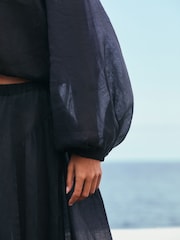 Blue 100% Linen Long Sleeve Boho Top - Image 4 of 7