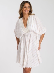 South Beach White V-Neck Sequin Metallic Stripe Mini Dress - Image 1 of 4