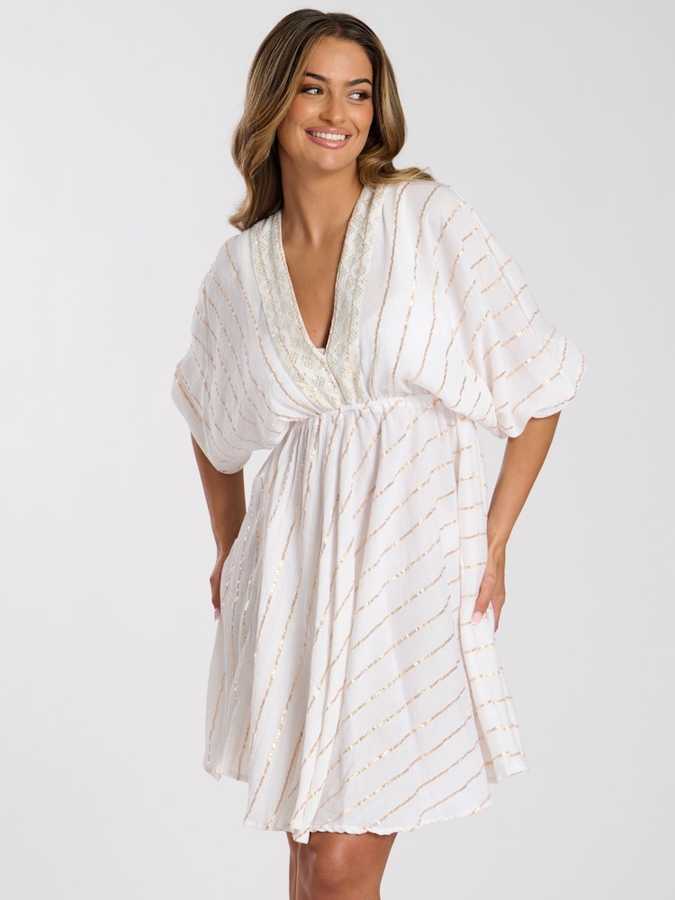 South Beach White V-Neck Sequin Metallic Stripe Mini Dress - Image 1 of 4