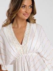 South Beach White V-Neck Sequin Metallic Stripe Mini Dress - Image 3 of 4