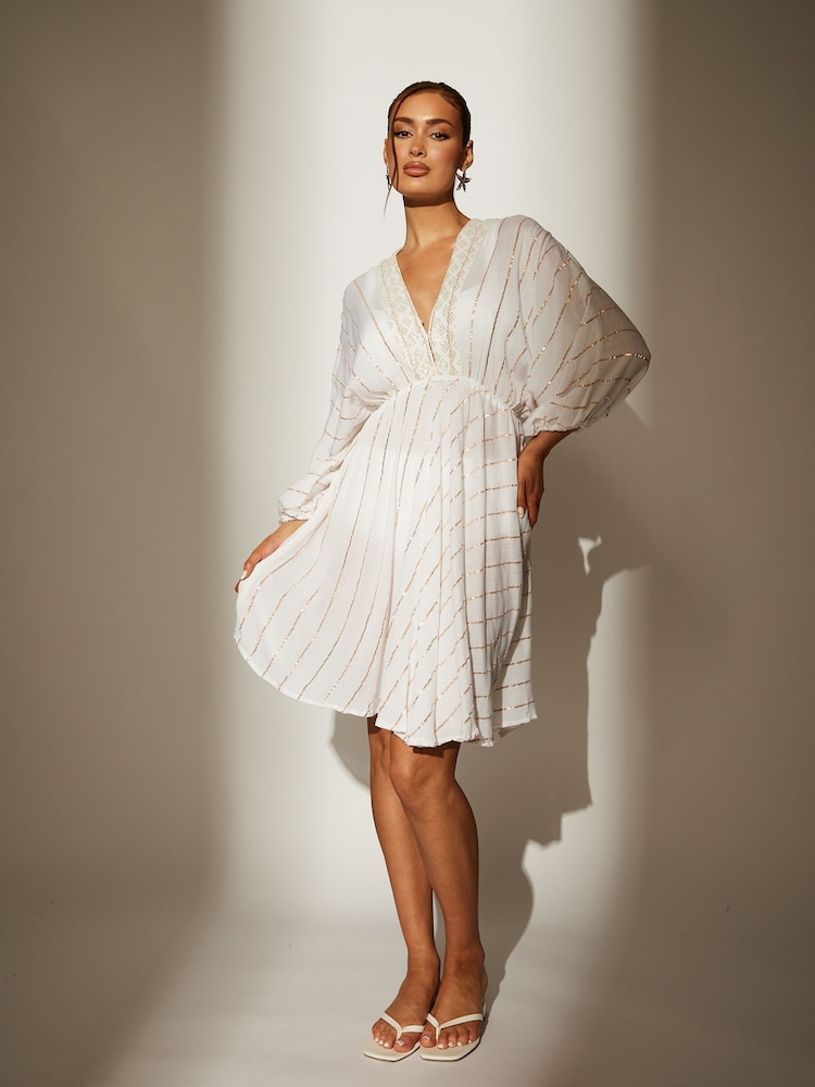 South Beach White V-Neck Sequin Metallic Stripe Mini Dress - Image 3 of 4