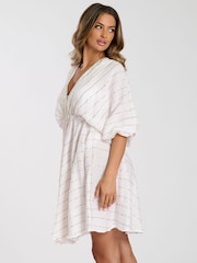 South Beach White V-Neck Sequin Metallic Stripe Mini Dress - Image 4 of 4