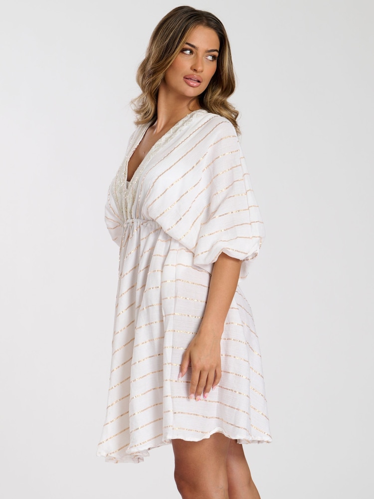South Beach White V-Neck Sequin Metallic Stripe Mini Dress - Image 4 of 4