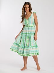 South Beach Green Jacquard Tie Shoulder 100% Cotton Midi Dress - Image 1 of 4