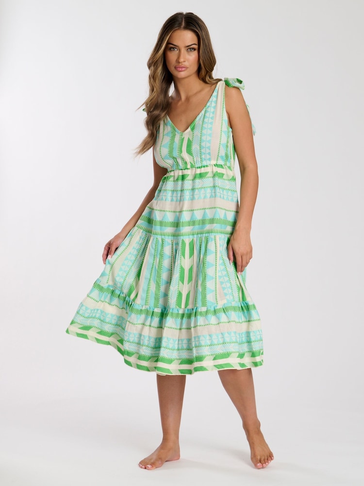 South Beach Green Jacquard Tie Shoulder 100% Cotton Midi Dress - Image 1 of 4