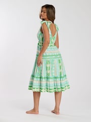 South Beach Green Jacquard Tie Shoulder 100% Cotton Midi Dress - Image 2 of 4