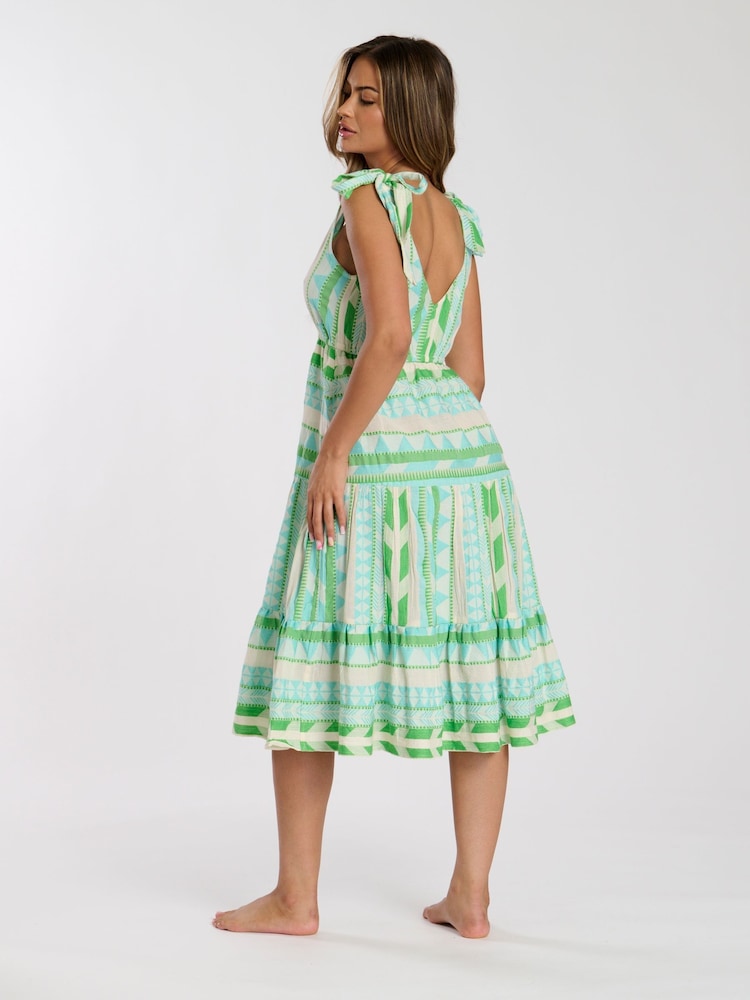 South Beach Green Jacquard Tie Shoulder 100% Cotton Midi Dress - Image 2 of 4