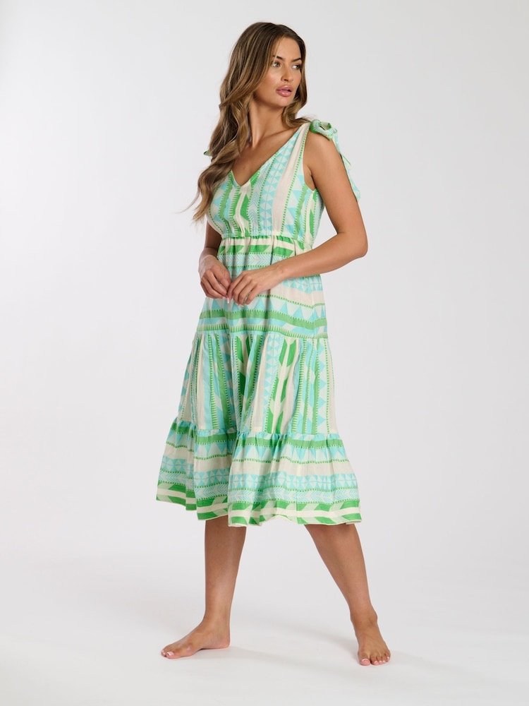 South Beach Green Jacquard Tie Shoulder Below The Knee Dress - Image 3 of 4