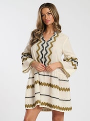 South Beach Green Jacquard Drop Hem Tiered 100% Cotton Mini Dress - Image 1 of 4