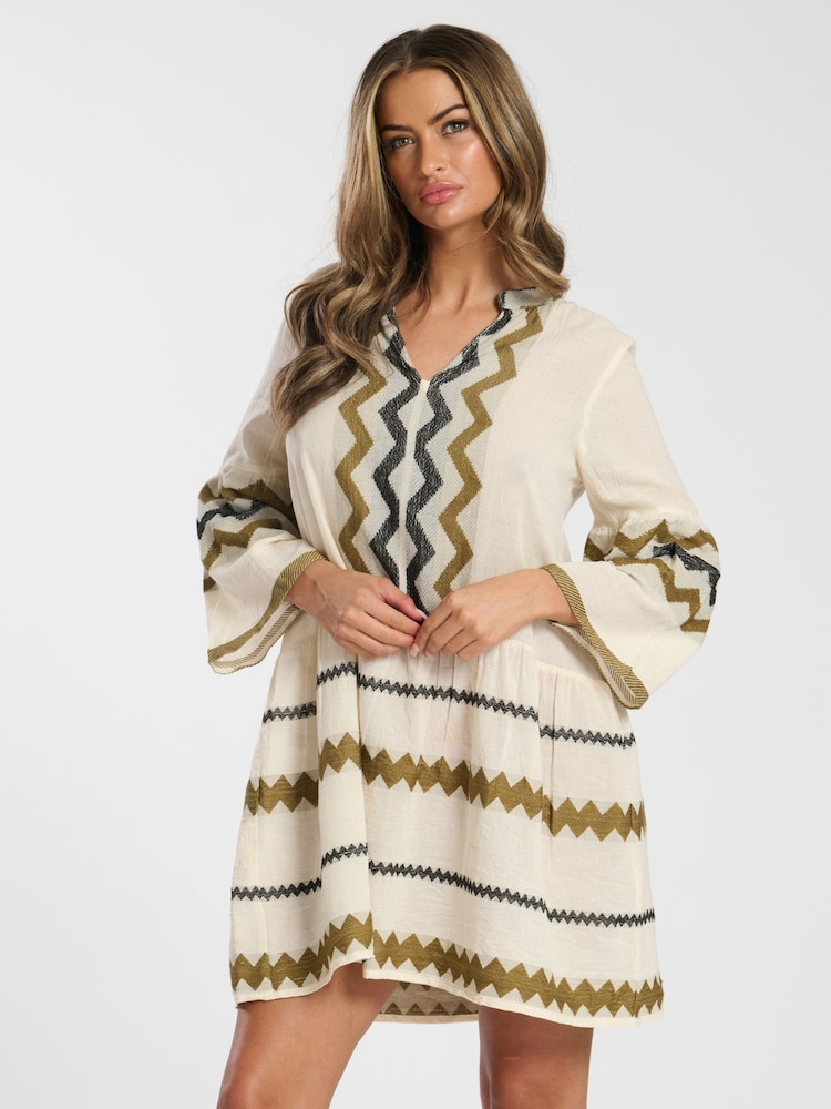 South Beach Green Jacquard Drop Hem Tiered 100% Cotton Mini Dress - Image 1 of 4