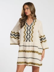 South Beach Green Jacquard Drop Hem Tiered 100% Cotton Mini Dress - Image 3 of 4