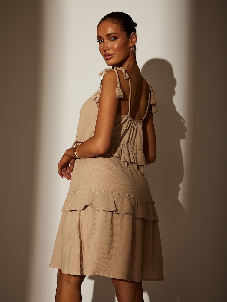 South Beach Brown Tie Shoulder Bead Detail 100% Cotton Mini Dress - Image 2 of 4 South Beach Brown Tie Shoulder Bead Detail 100% Cotton Mini Dress - Image 2 of 4