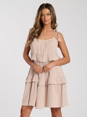 South Beach Brown Tie Shoulder Bead Detail 100% Cotton Mini Dress - Image 3 of 5