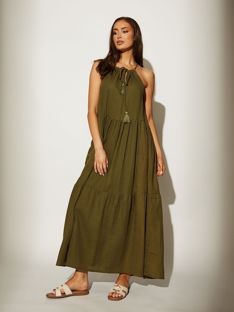 South Beach Green Tie Front Textured 100% Cotton Midi Dress - Image 1 of 4 South Beach Green Tie Front Textured 100% Cotton Midi Dress - Image 1 of 4