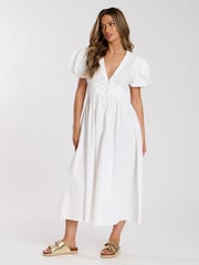South Beach White Puff Sleeve Button Detail 100% Cotton Midi Dress - Image 1 of 4