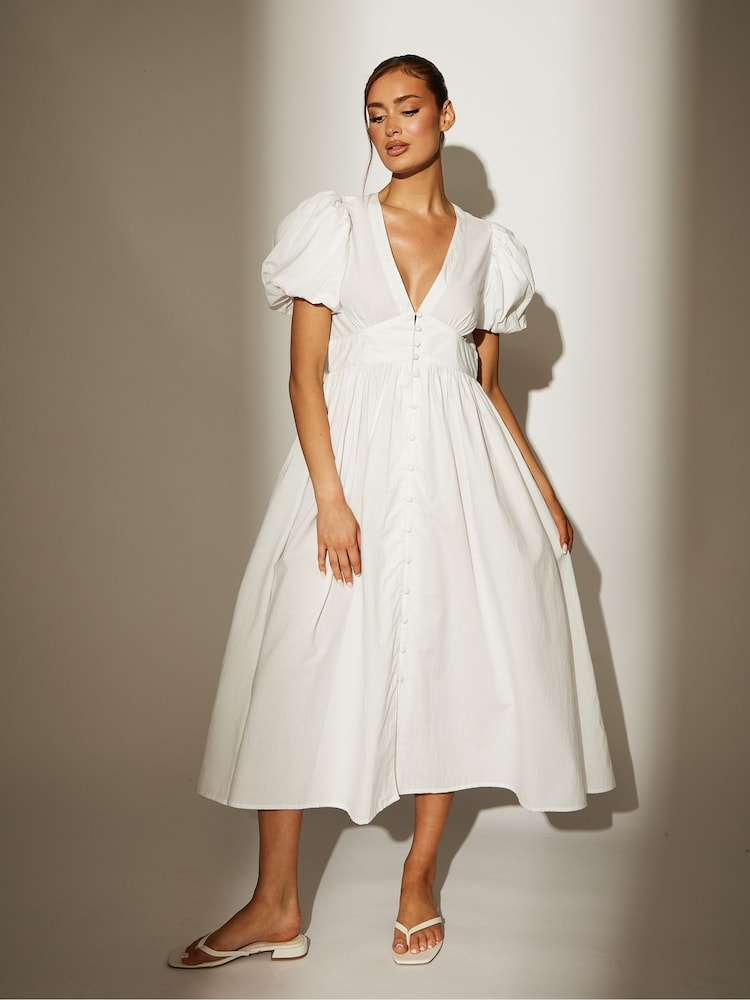 South Beach White Puff Sleeve Button Detail 100% Cotton Midi Dress - Image 1 of 4 South Beach White Puff Sleeve Button Detail 100% Cotton Midi Dress - Image 1 of 4