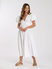 South Beach White Puff Sleeve Button Detail 100% Cotton Midi Dress - Image 2 of 4