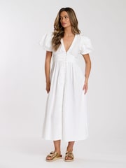 South Beach White Puff Sleeve Button Detail 100% Cotton Midi Dress - Image 3 of 4