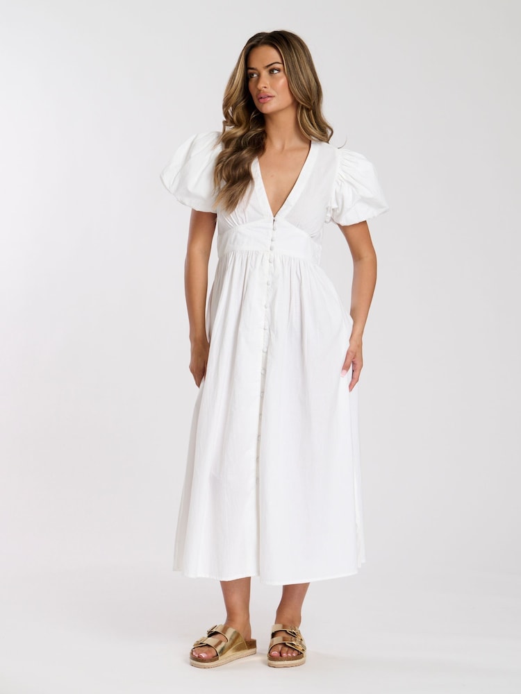 South Beach White Puff Sleeve Button Detail 100% Cotton Midi Dress - Image 3 of 4