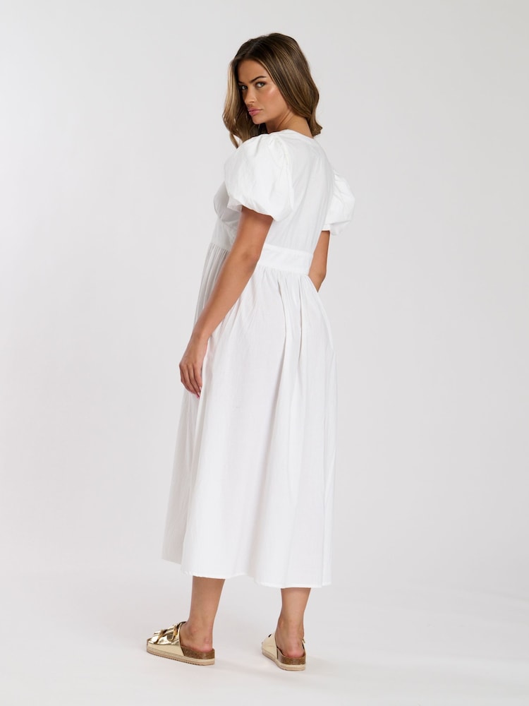 South Beach White Puff Sleeve Button Detail 100% Cotton Midi Dress - Image 4 of 4