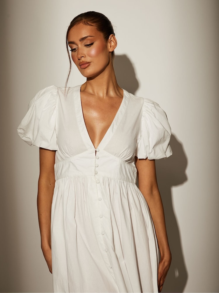 South Beach White Puff Sleeve Button Detail 100% Cotton Midi Dress - Image 4 of 4 South Beach White Puff Sleeve Button Detail 100% Cotton Midi Dress - Image 4 of 4