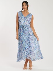 South Beach Blue Printed Chiffon Frill Wrap Midi Dress - Image 1 of 4
