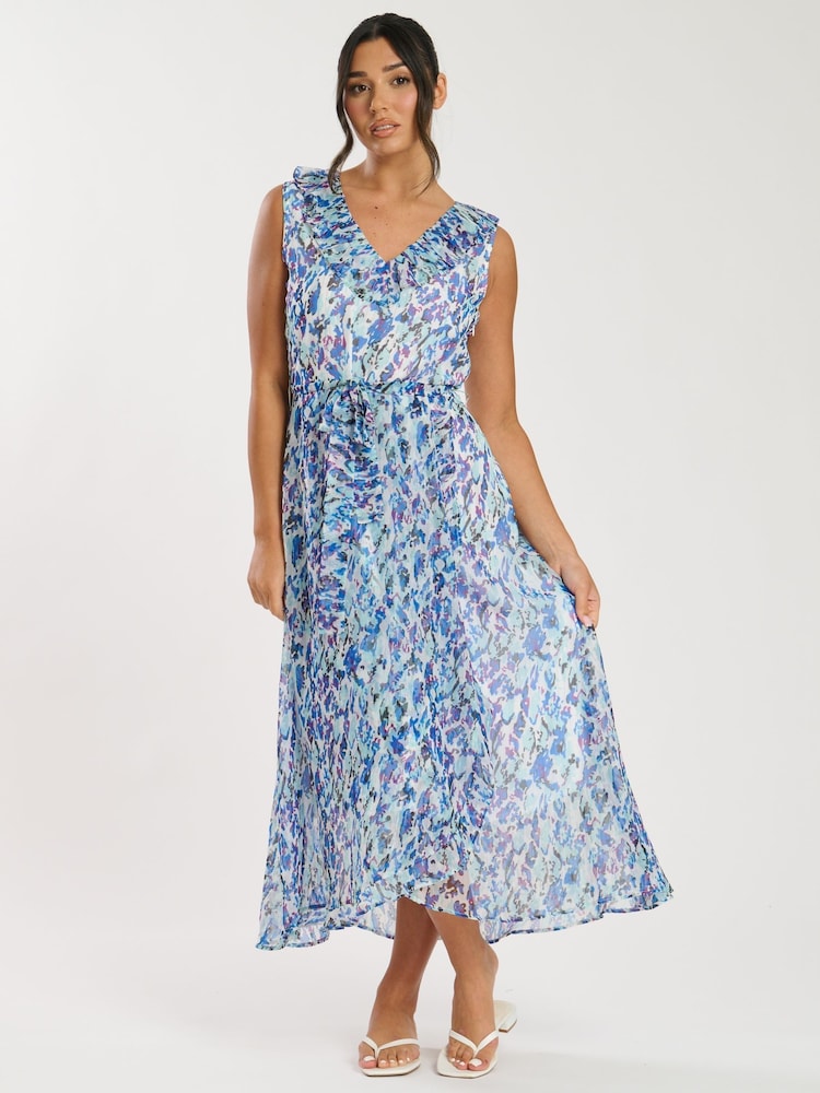 South Beach Blue Printed Chiffon Frill Wrap Midi Dress - Image 1 of 4