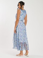 South Beach Blue Printed Chiffon Frill Wrap Midi Dress - Image 2 of 4