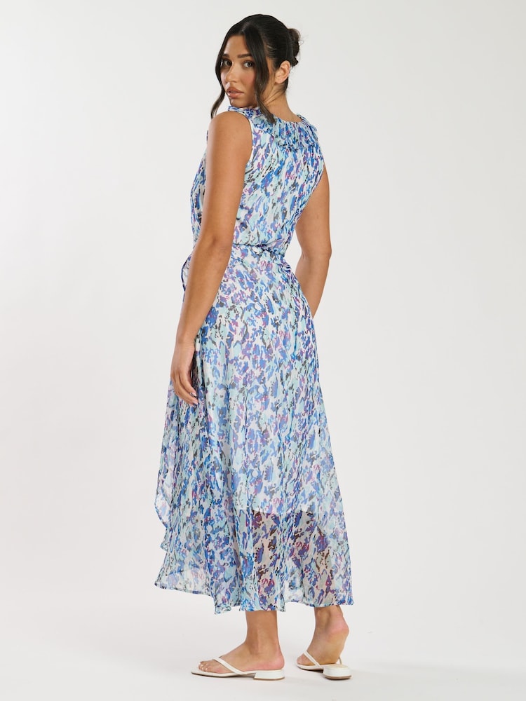 South Beach Blue Printed Chiffon Frill Wrap Midi Dress - Image 2 of 4