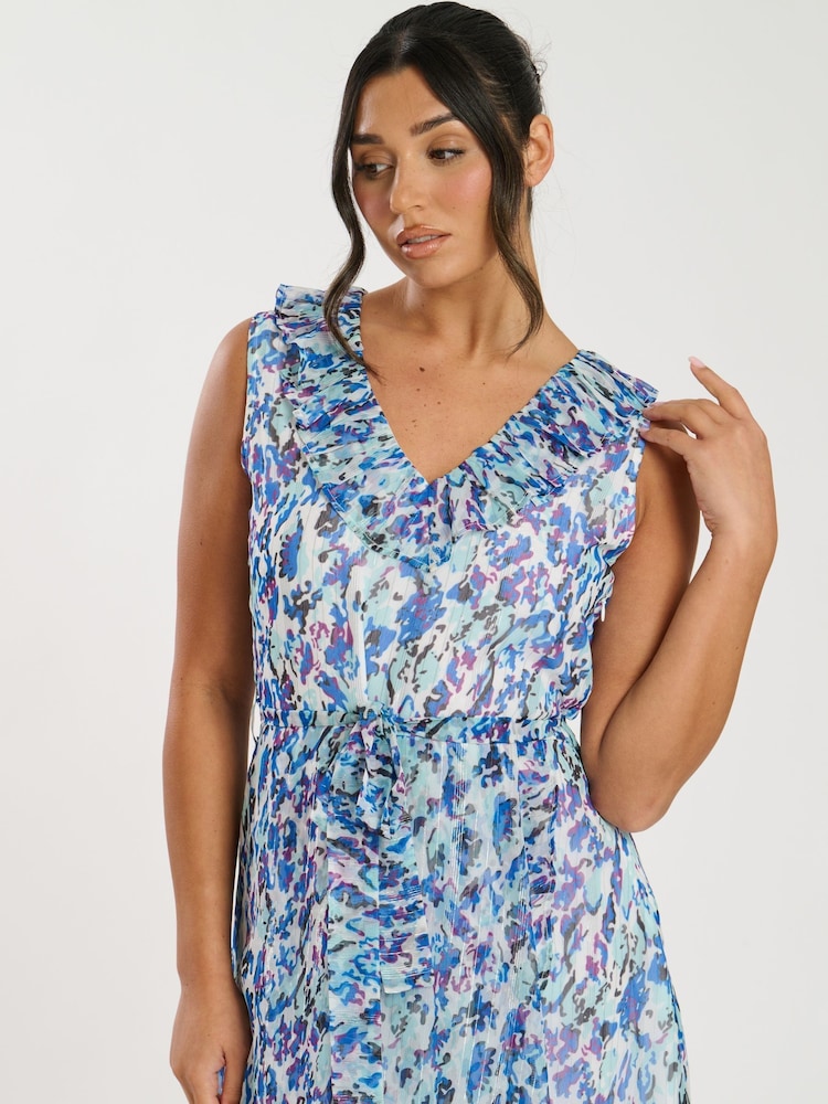 South Beach Blue Printed Chiffon Frill Wrap Midi Dress - Image 4 of 4
