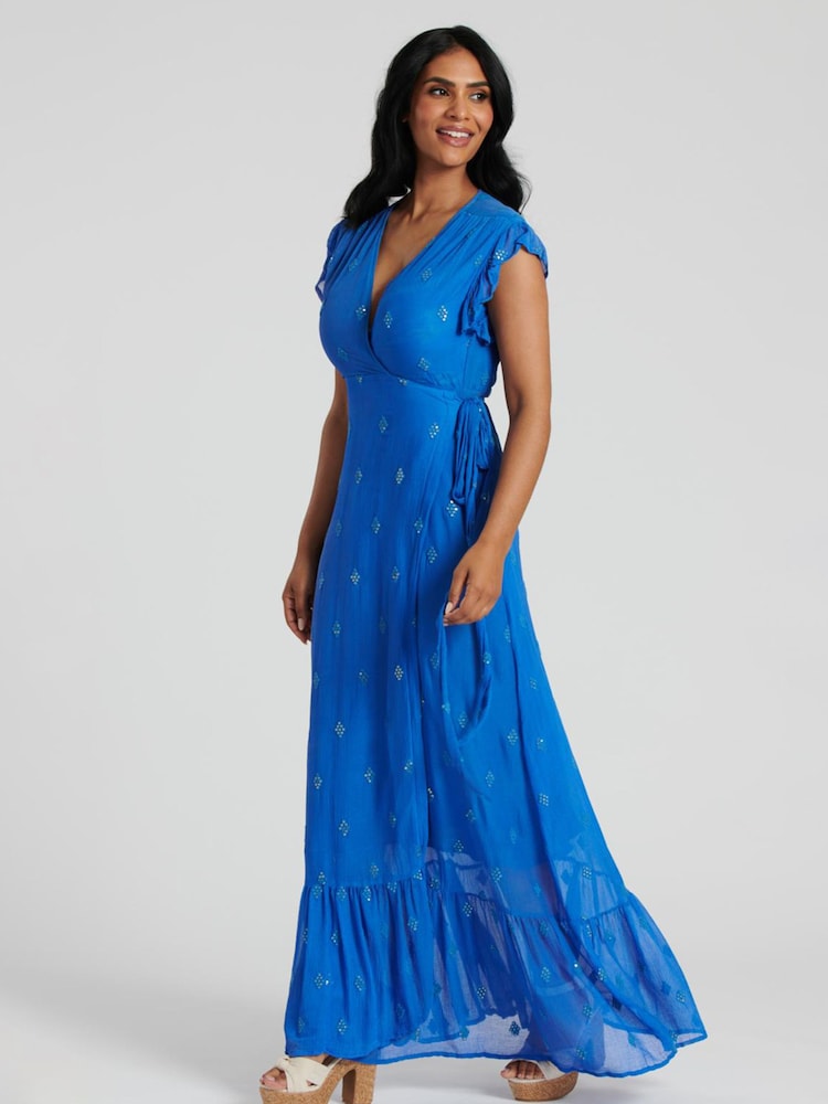 South Beach Blue Sequin Detail Wrap Midi Dress - Image 3 of 5