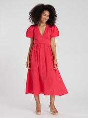 South Beach Pink Puff Sleeve Button Detail 100% Cotton Midi Dress - Image 1 of 4