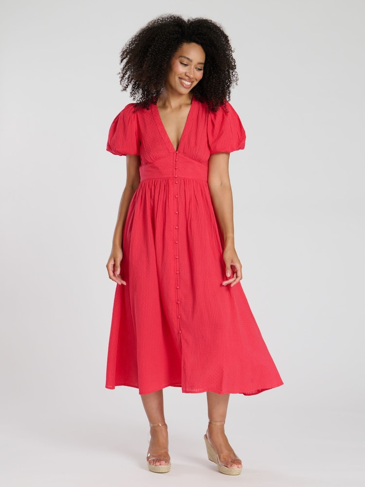 South Beach Pink Puff Sleeve Button Detail 100% Cotton Midi Dress - Image 1 of 4