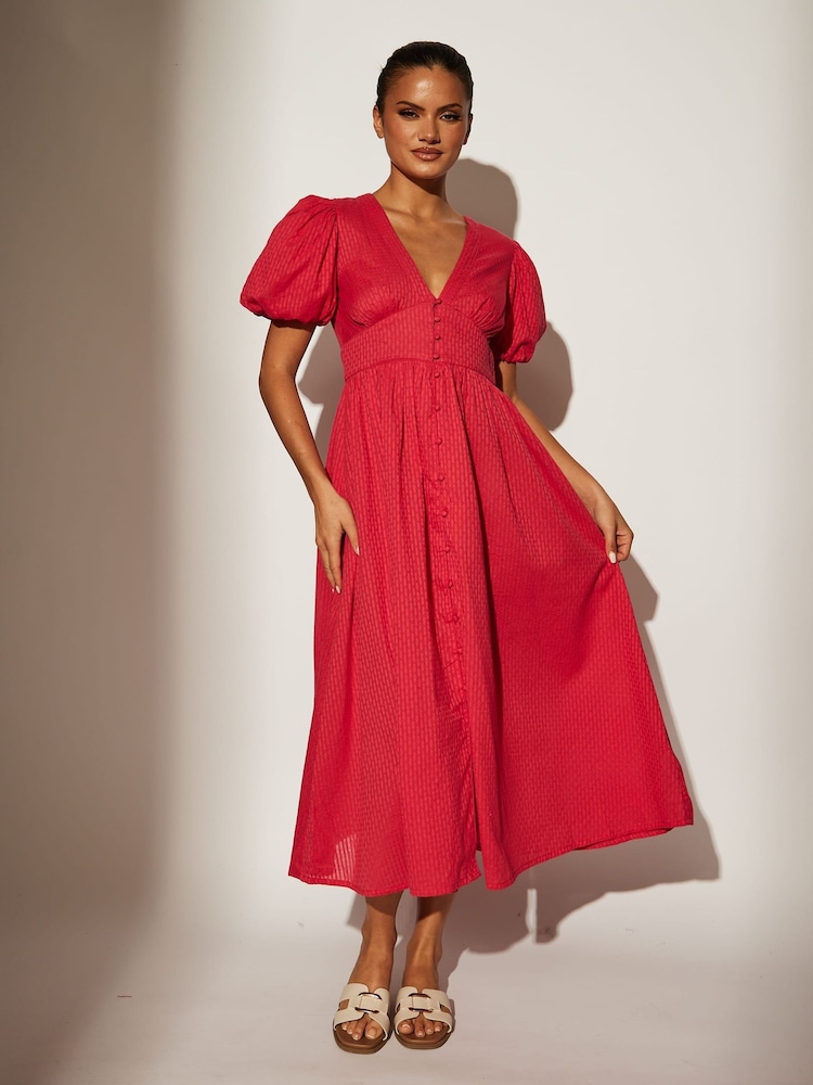 South Beach Pink Puff Sleeve Button Detail 100% Cotton Midi Dress - Image 1 of 1 South Beach Pink Puff Sleeve Button Detail 100% Cotton Midi Dress - Image 1 of 1
